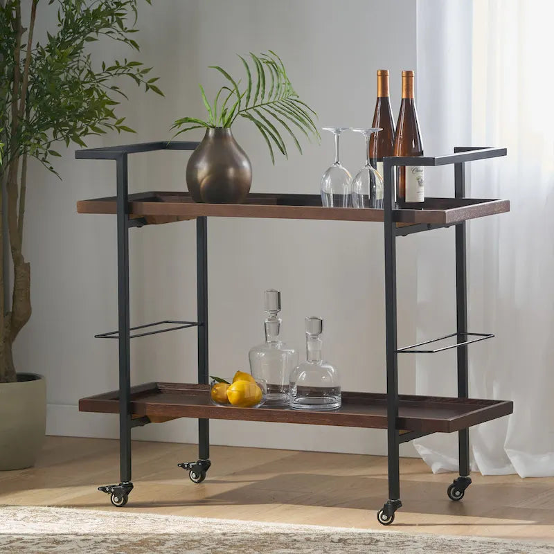 Rolling Bar Cart with Wood Look Shelving, Handle & Lockable Casters - Industrial Style Mobile Serving Cart with Wine Storage