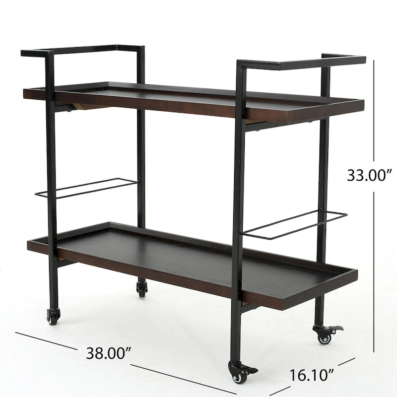 Rolling Bar Cart with Wood Look Shelving, Handle & Lockable Casters - Industrial Style Mobile Serving Cart with Wine Storage