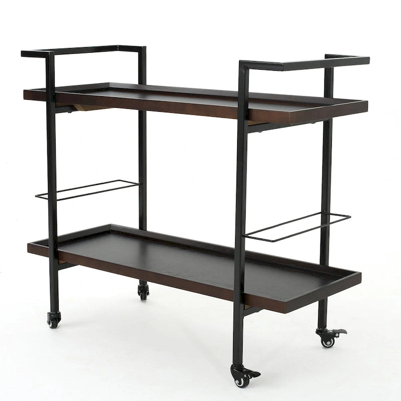 Rolling Bar Cart with Wood Look Shelving, Handle & Lockable Casters - Industrial Style Mobile Serving Cart with Wine Storage