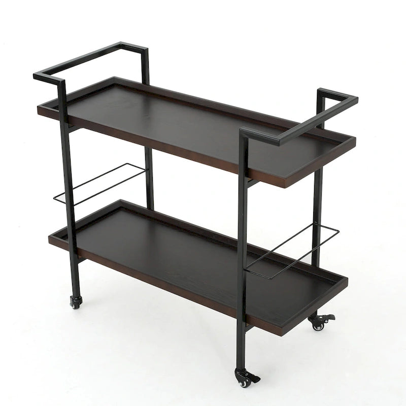 Rolling Bar Cart with Wood Look Shelving, Handle & Lockable Casters - Industrial Style Mobile Serving Cart with Wine Storage