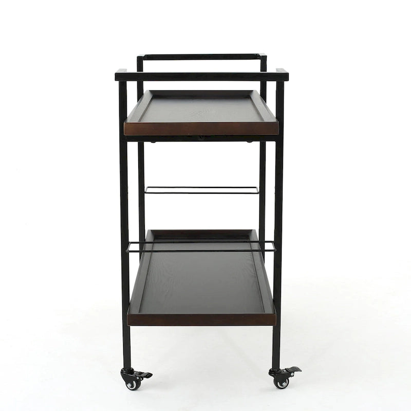 Rolling Bar Cart with Wood Look Shelving, Handle & Lockable Casters - Industrial Style Mobile Serving Cart with Wine Storage