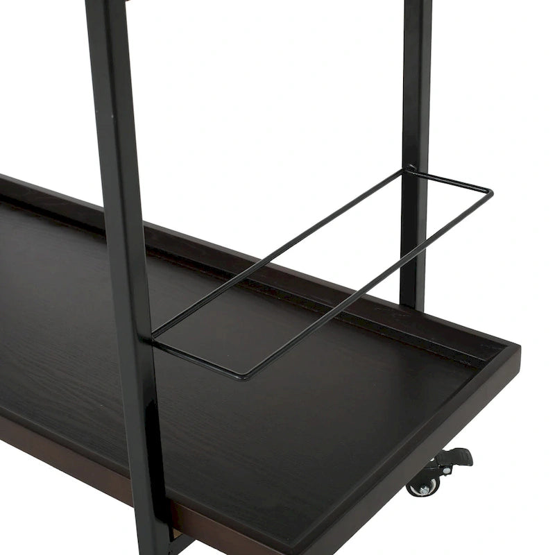 Rolling Bar Cart with Wood Look Shelving, Handle & Lockable Casters - Industrial Style Mobile Serving Cart with Wine Storage