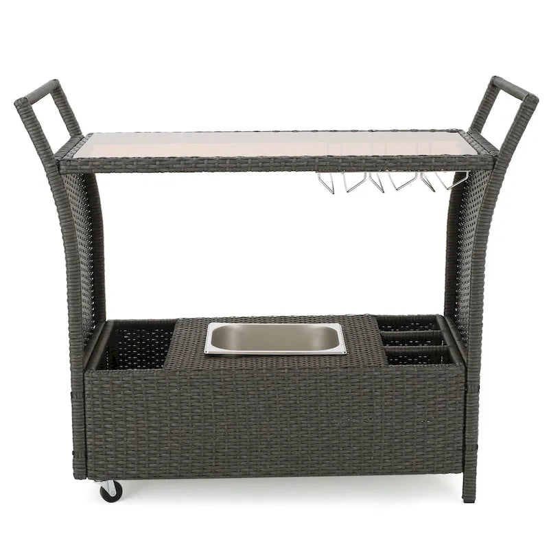 Outdoor Rattan Bar Cart with Removable Ice Bucket, Tempered Glass Top & Wheels, Mobile Beverage Serving Cart with Aluminum Frame