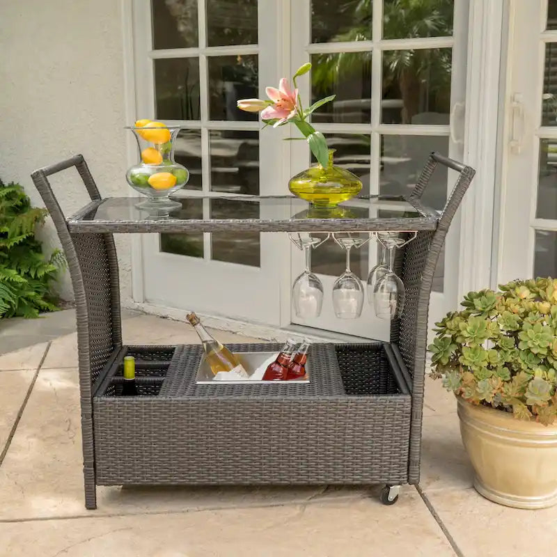 Outdoor Rattan Bar Cart with Removable Ice Bucket, Tempered Glass Top & Wheels, Mobile Beverage Serving Cart with Aluminum Frame