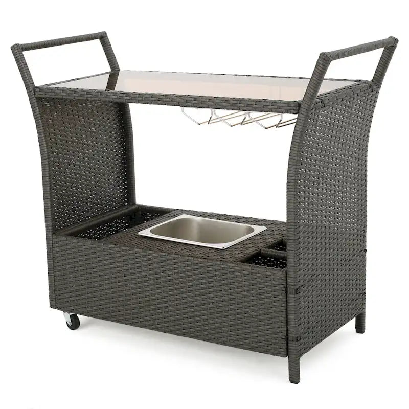 Outdoor Rattan Bar Cart with Removable Ice Bucket, Tempered Glass Top & Wheels, Mobile Beverage Serving Cart with Aluminum Frame