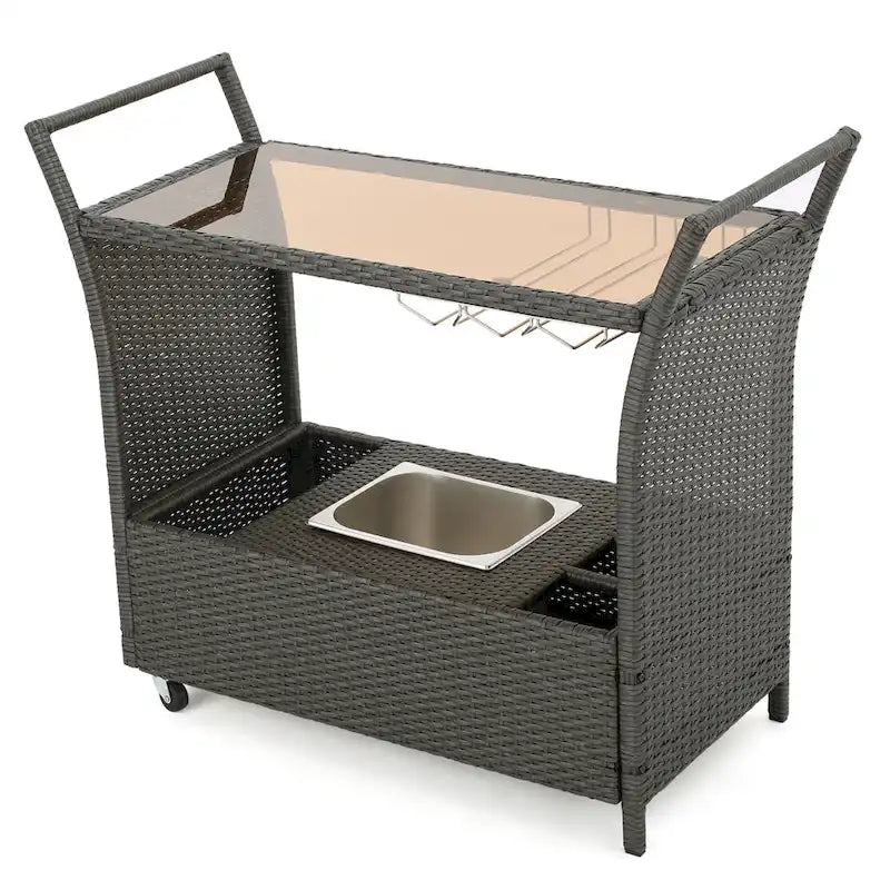 Outdoor Rattan Bar Cart with Removable Ice Bucket, Tempered Glass Top & Wheels, Mobile Beverage Serving Cart with Aluminum Frame
