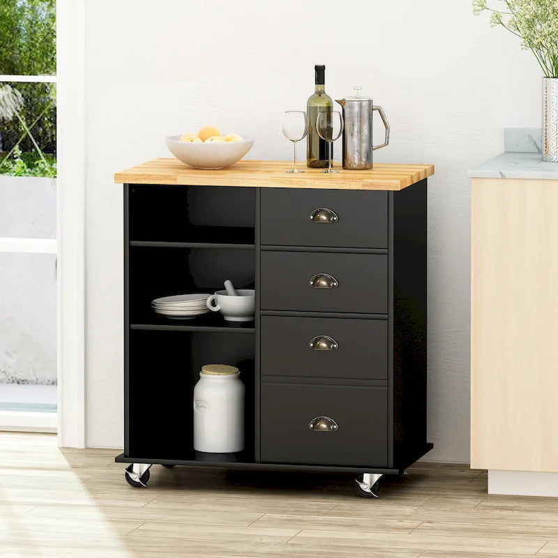 Modern Kitchen Cart with Rubberwood Top, Cabinet Storage, Two Drawers, Three Open Shelves and Lockable Rolling Casters