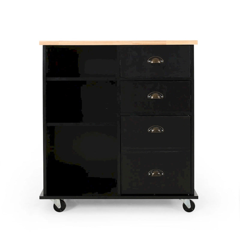 Modern Kitchen Cart with Rubberwood Top, Cabinet Storage, Two Drawers, Three Open Shelves and Lockable Rolling Casters