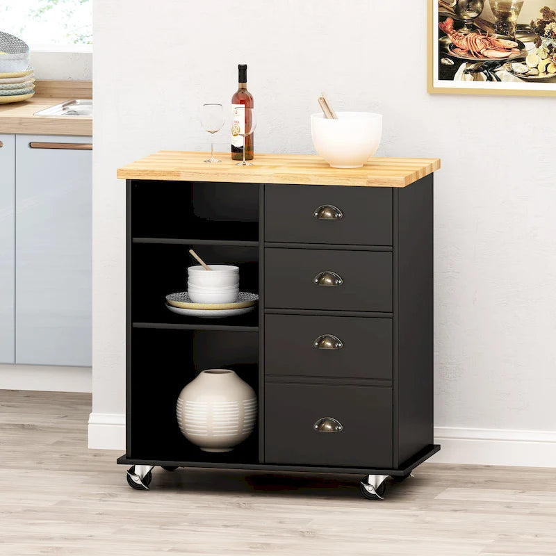 Modern Kitchen Cart with Rubberwood Top, Cabinet Storage, Two Drawers, Three Open Shelves and Lockable Rolling Casters
