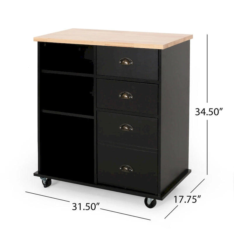 Modern Kitchen Cart with Rubberwood Top, Cabinet Storage, Two Drawers, Three Open Shelves and Lockable Rolling Casters