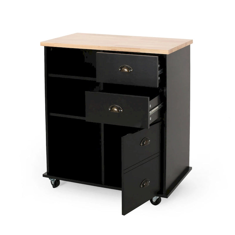 Modern Kitchen Cart with Rubberwood Top, Cabinet Storage, Two Drawers, Three Open Shelves and Lockable Rolling Casters