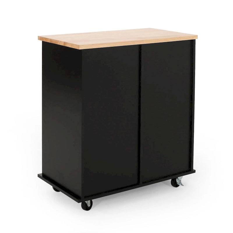 Modern Kitchen Cart with Rubberwood Top, Cabinet Storage, Two Drawers, Three Open Shelves and Lockable Rolling Casters