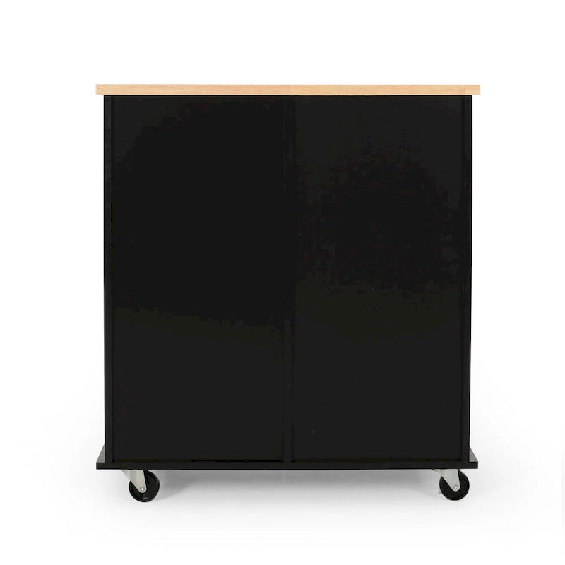 Modern Kitchen Cart with Rubberwood Top, Cabinet Storage, Two Drawers, Three Open Shelves and Lockable Rolling Casters