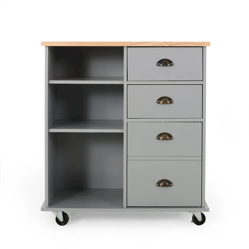 Modern Kitchen Cart with Rubberwood Top, Cabinet Storage, Two Drawers, Three Open Shelves and Lockable Rolling Casters