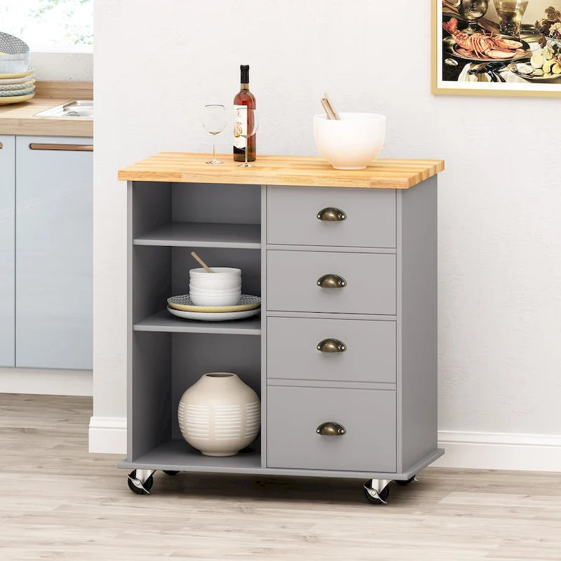 Modern Kitchen Cart with Rubberwood Top, Cabinet Storage, Two Drawers, Three Open Shelves and Lockable Rolling Casters