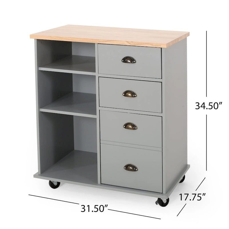 Modern Kitchen Cart with Rubberwood Top, Cabinet Storage, Two Drawers, Three Open Shelves and Lockable Rolling Casters