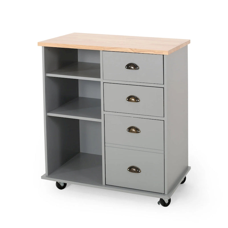 Modern Kitchen Cart with Rubberwood Top, Cabinet Storage, Two Drawers, Three Open Shelves and Lockable Rolling Casters