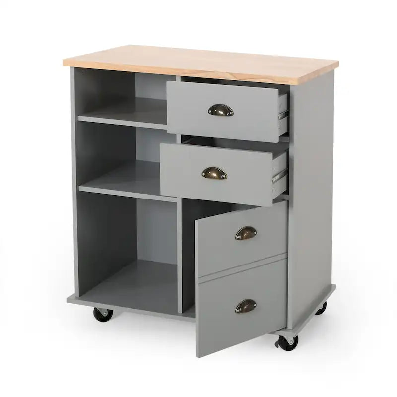 Modern Kitchen Cart with Rubberwood Top, Cabinet Storage, Two Drawers, Three Open Shelves and Lockable Rolling Casters