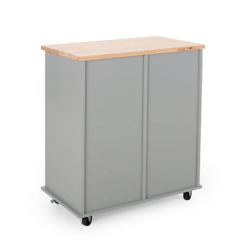 Modern Kitchen Cart with Rubberwood Top, Cabinet Storage, Two Drawers, Three Open Shelves and Lockable Rolling Casters