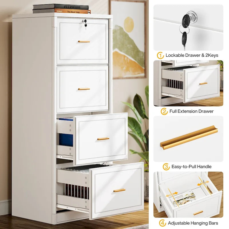 4-Drawer File Cabinet with Lock for A4/Letter/Legal Size Files