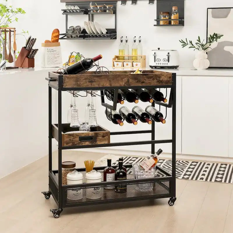 Gymax Rolling Bar Cart 3-Tier Industrial Buffet Serving Trolley w/