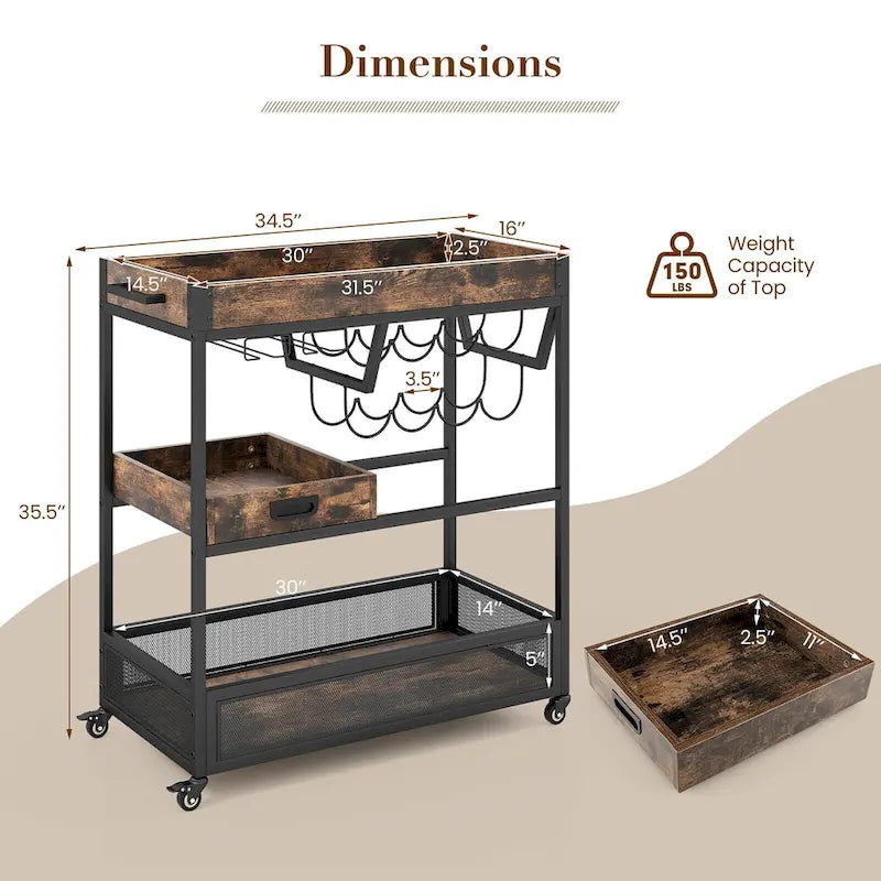 Gymax Rolling Bar Cart 3-Tier Industrial Buffet Serving Trolley w/