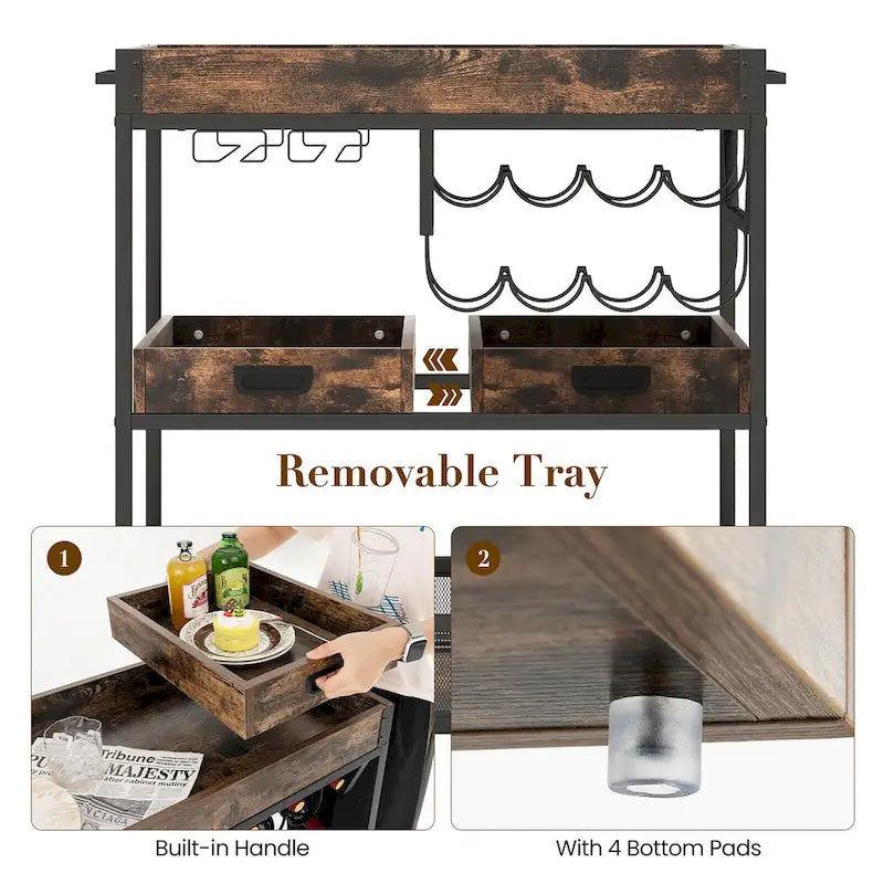 Gymax Rolling Bar Cart 3-Tier Industrial Buffet Serving Trolley w/