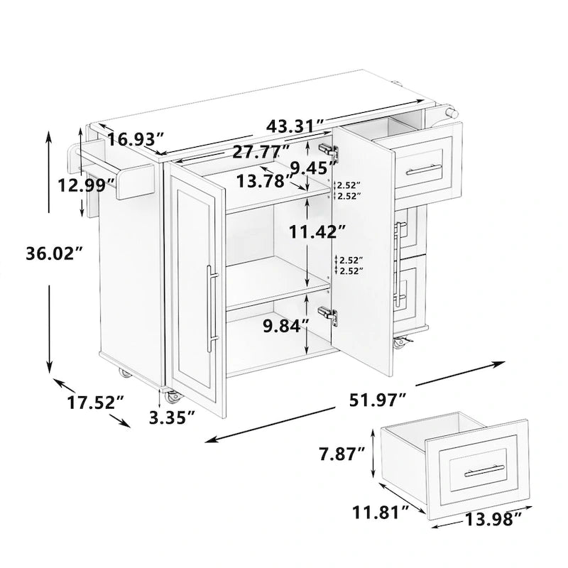 Kitchen Island Cart With 2 Door Cabinet And Three Drawers(no include stool)