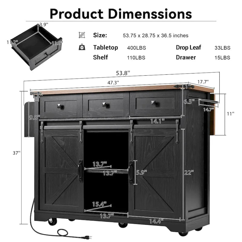 53.7 Farmhouse Kitchen Island With Power Outlet(no include stool)