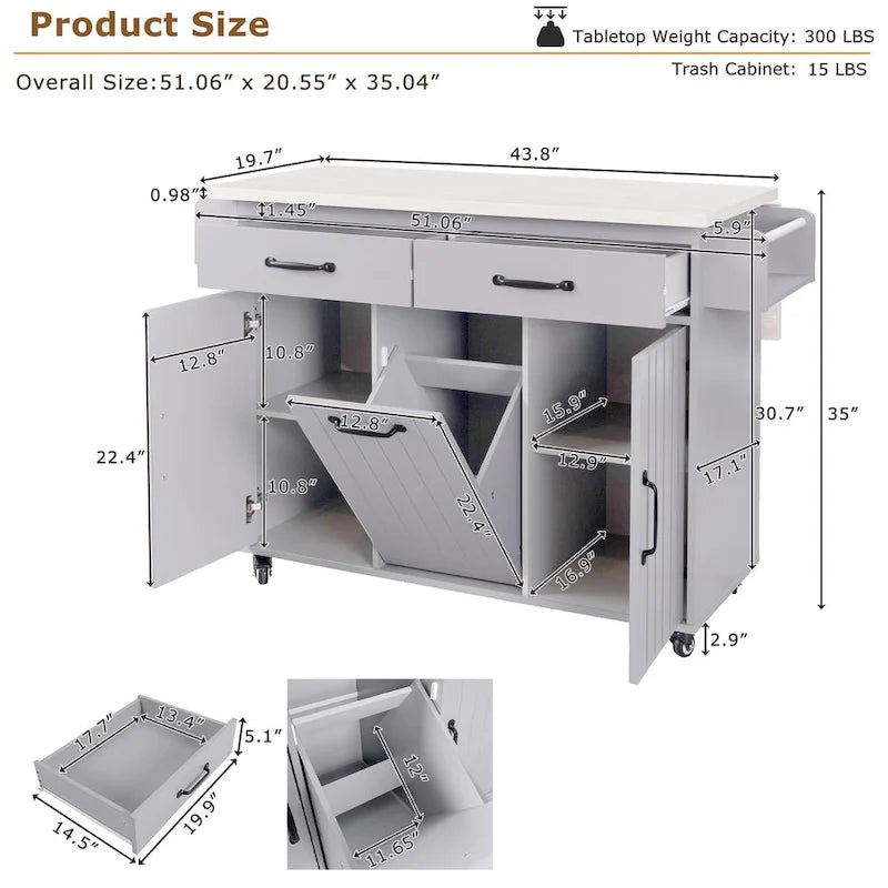 Kitchen Island With Trash Can Storage Cabinet(no include stool)