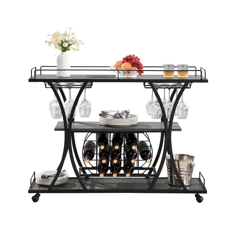 Industrial Bar Cart Kitchen Bar&Serving Cart For Home With Wheels 3 -Tier Storage Shelves(no include stool)