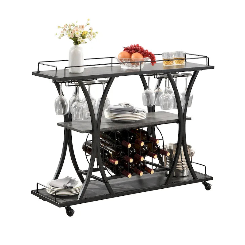 Industrial Bar Cart Kitchen Bar&Serving Cart For Home With Wheels 3 -Tier Storage Shelves(no include stool)