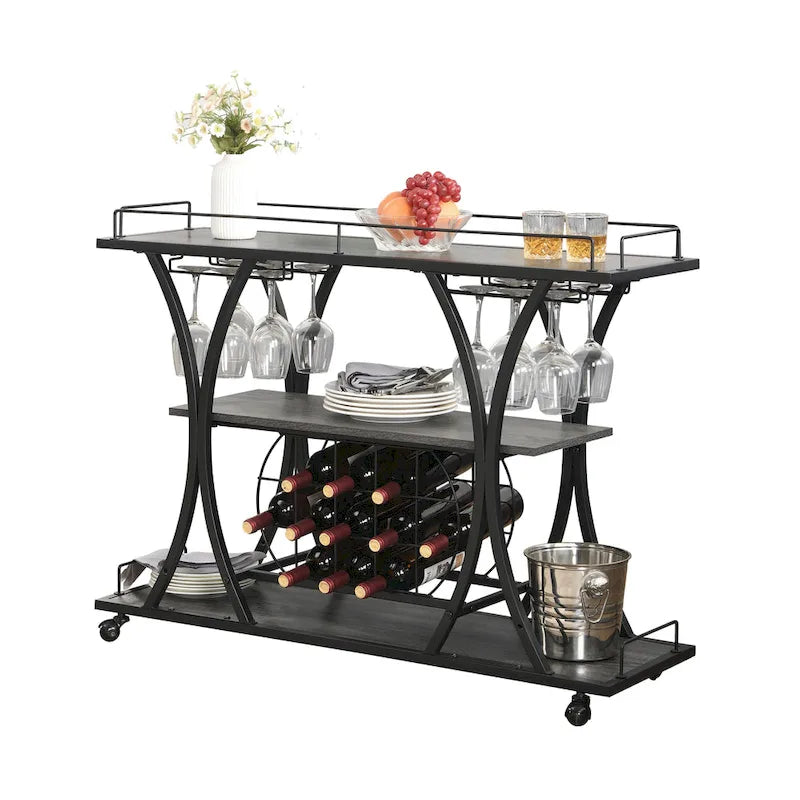 Industrial Bar Cart Kitchen Bar&Serving Cart For Home With Wheels 3 -Tier Storage Shelves(no include stool)