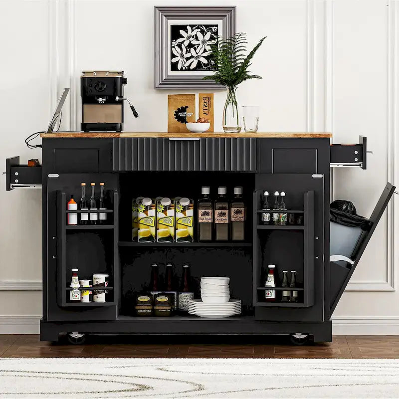 Fluted Kitchen Island with Trash Can Storage Cabinet, Power Outlet, Rolling Kitchen Islands on 5 Wheels with 3 Open Side Racks