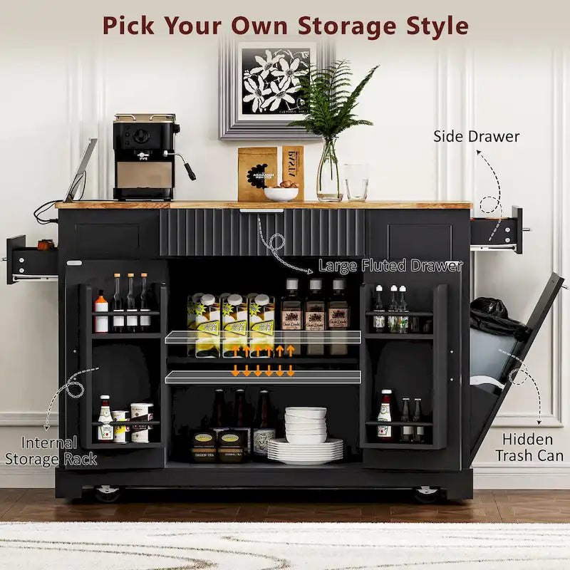 Fluted Kitchen Island with Trash Can Storage Cabinet, Power Outlet, Rolling Kitchen Islands on 5 Wheels with 3 Open Side Racks