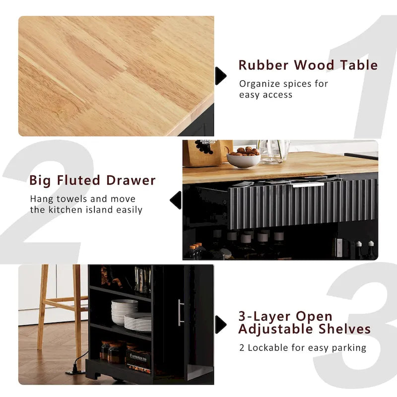 Fluted Kitchen Island with Trash Can Storage Cabinet, Power Outlet, Rolling Kitchen Islands on 5 Wheels with 3 Open Side Racks