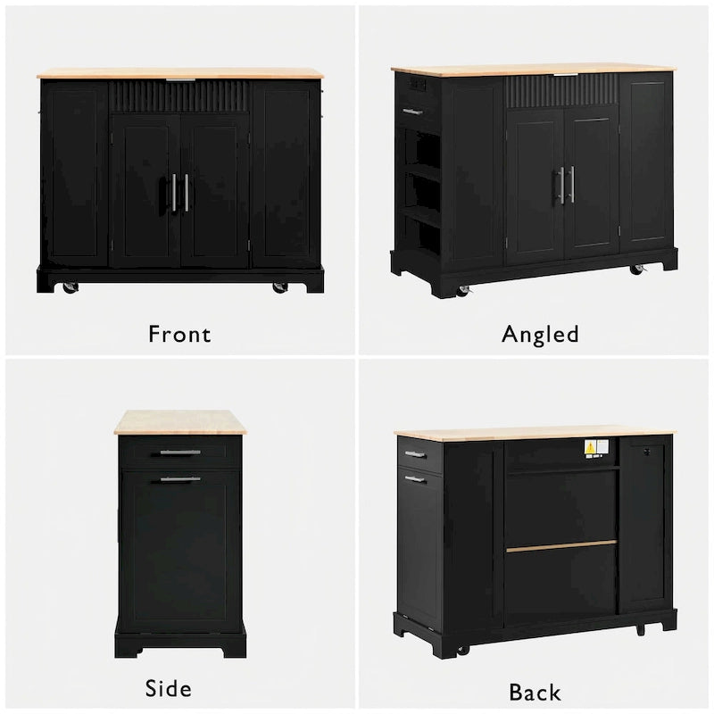 Fluted Kitchen Island with Trash Can Storage Cabinet, Power Outlet, Rolling Kitchen Islands on 5 Wheels with 3 Open Side Racks