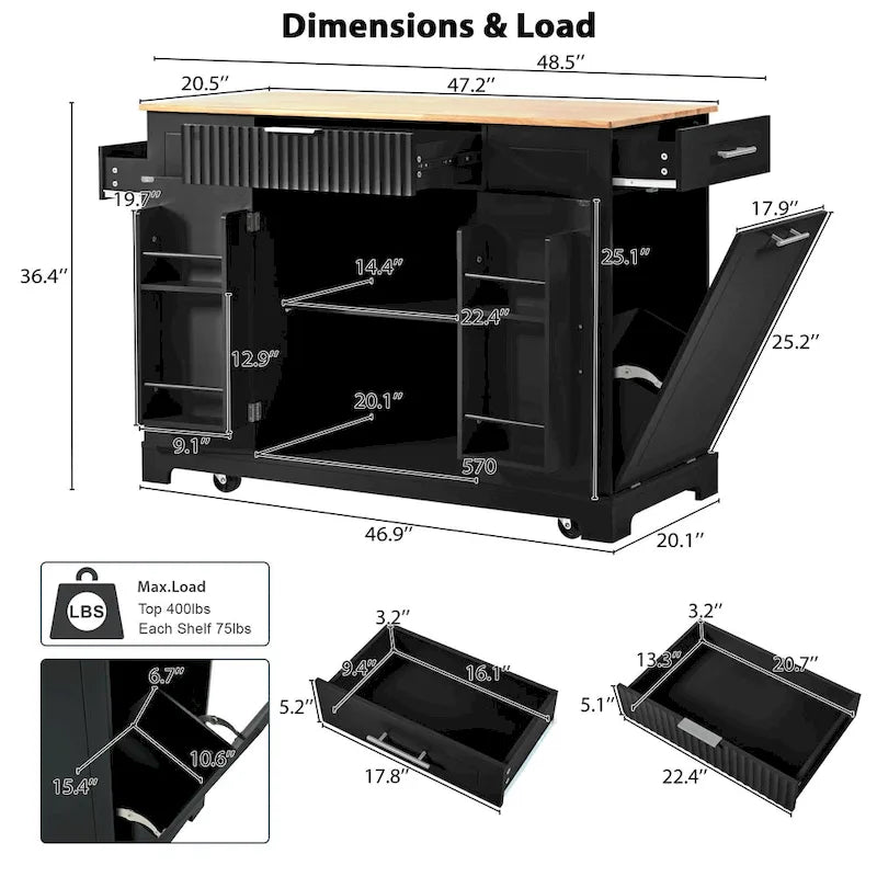Fluted Kitchen Island with Trash Can Storage Cabinet, Power Outlet, Rolling Kitchen Islands on 5 Wheels with 3 Open Side Racks