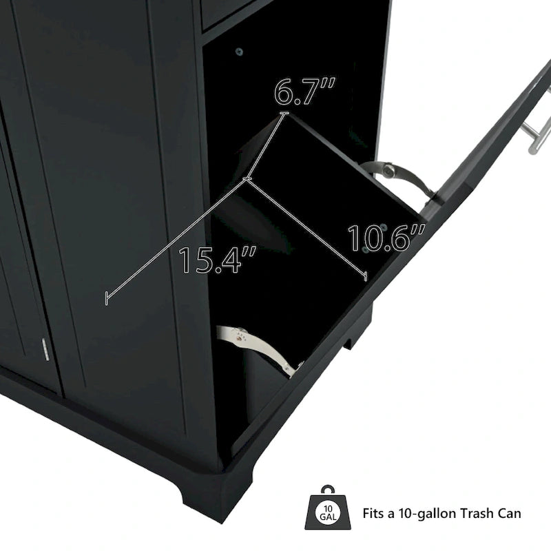 Fluted Kitchen Island with Trash Can Storage Cabinet, Power Outlet, Rolling Kitchen Islands on 5 Wheels with 3 Open Side Racks