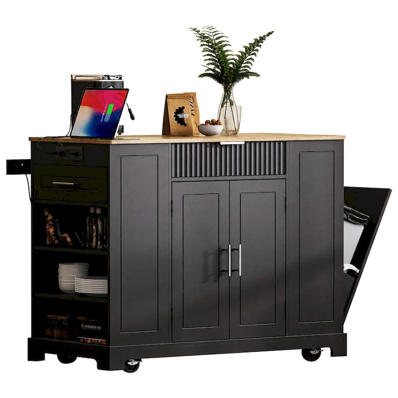 Fluted Kitchen Island with Trash Can Storage Cabinet, Power Outlet, Rolling Kitchen Islands on 5 Wheels with 3 Open Side Racks