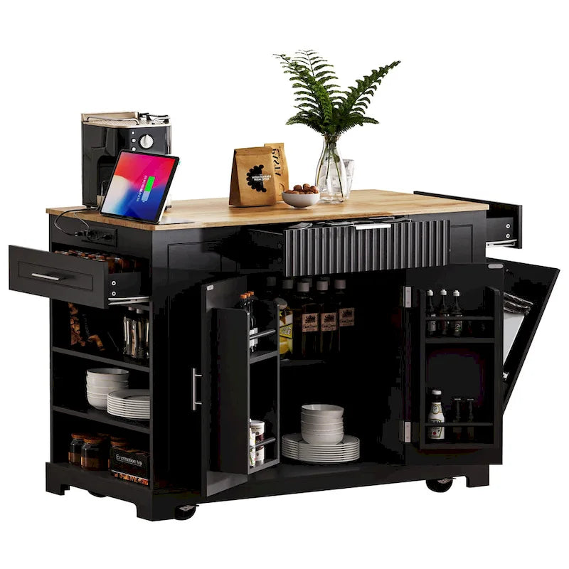 Fluted Kitchen Island with Trash Can Storage Cabinet, Power Outlet, Rolling Kitchen Islands on 5 Wheels with 3 Open Side Racks