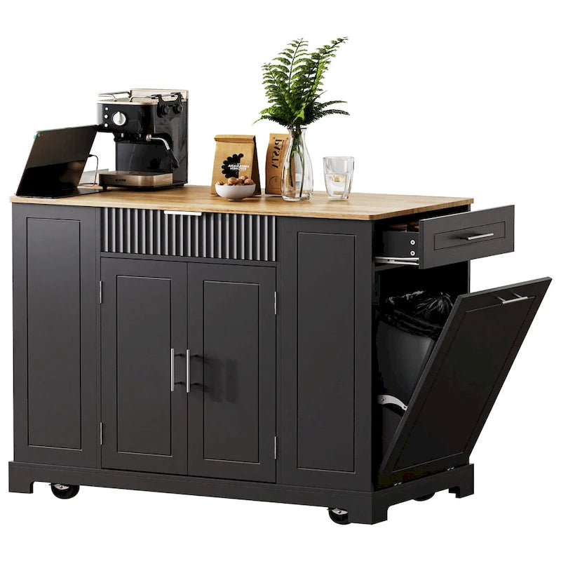 Fluted Kitchen Island with Trash Can Storage Cabinet, Power Outlet, Rolling Kitchen Islands on 5 Wheels with 3 Open Side Racks