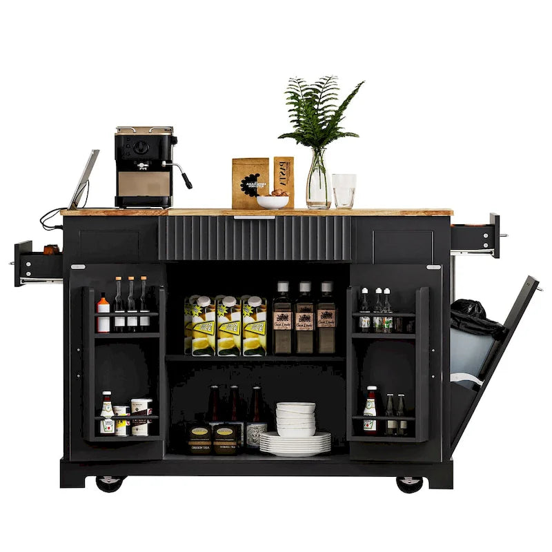 Fluted Kitchen Island with Trash Can Storage Cabinet, Power Outlet, Rolling Kitchen Islands on 5 Wheels with 3 Open Side Racks