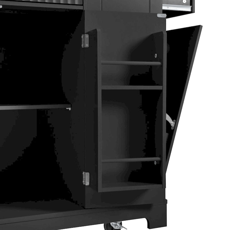 Fluted Kitchen Island with Trash Can Storage Cabinet, Power Outlet, Rolling Kitchen Islands on 5 Wheels with 3 Open Side Racks
