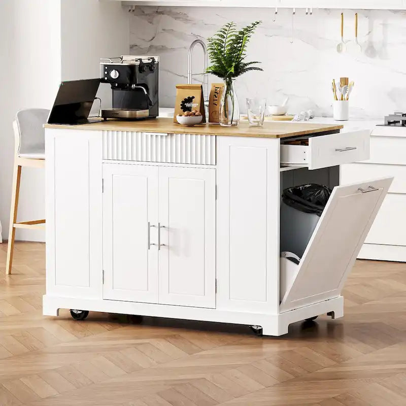 Fluted Kitchen Island with Trash Can Storage Cabinet, Power Outlet, Rolling Kitchen Islands on 5 Wheels with 3 Open Side Racks