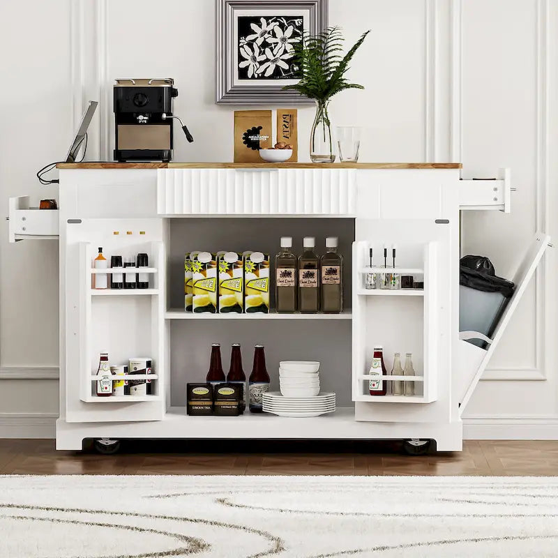 Fluted Kitchen Island with Trash Can Storage Cabinet, Power Outlet, Rolling Kitchen Islands on 5 Wheels with 3 Open Side Racks