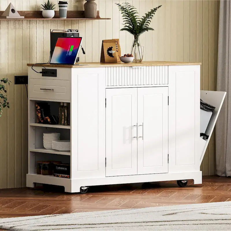 Fluted Kitchen Island with Trash Can Storage Cabinet, Power Outlet, Rolling Kitchen Islands on 5 Wheels with 3 Open Side Racks