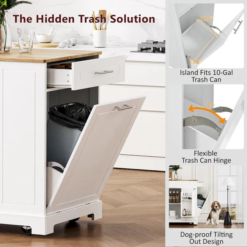 Fluted Kitchen Island with Trash Can Storage Cabinet, Power Outlet, Rolling Kitchen Islands on 5 Wheels with 3 Open Side Racks