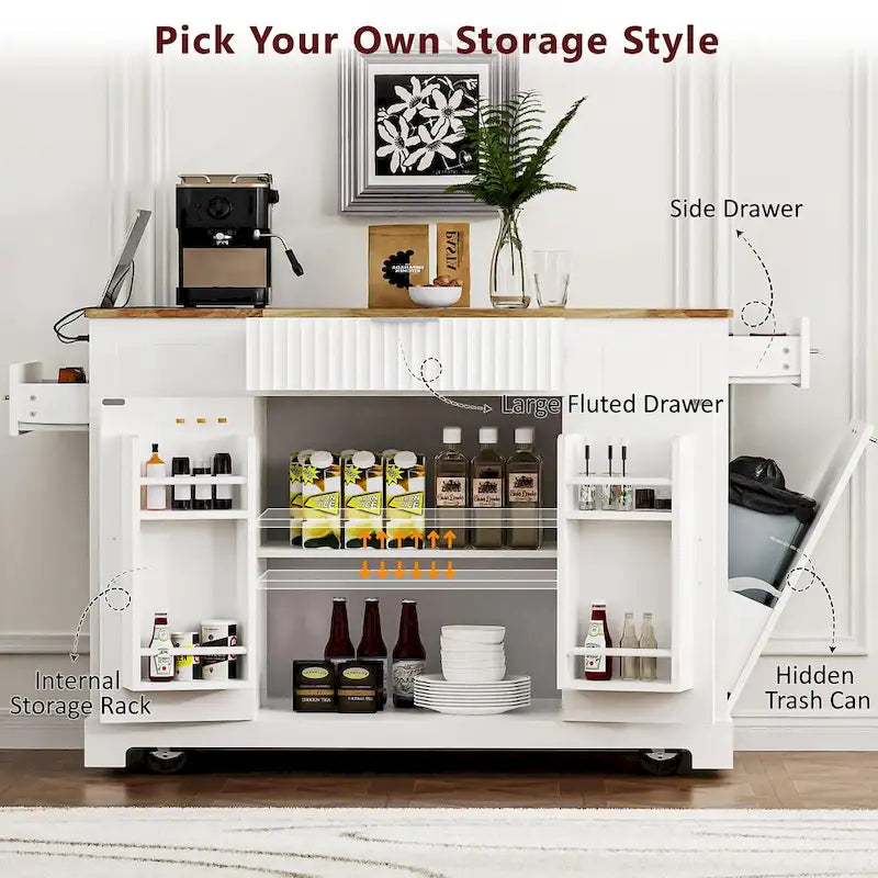 Fluted Kitchen Island with Trash Can Storage Cabinet, Power Outlet, Rolling Kitchen Islands on 5 Wheels with 3 Open Side Racks