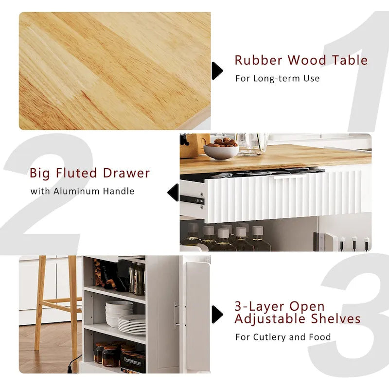 Fluted Kitchen Island with Trash Can Storage Cabinet, Power Outlet, Rolling Kitchen Islands on 5 Wheels with 3 Open Side Racks